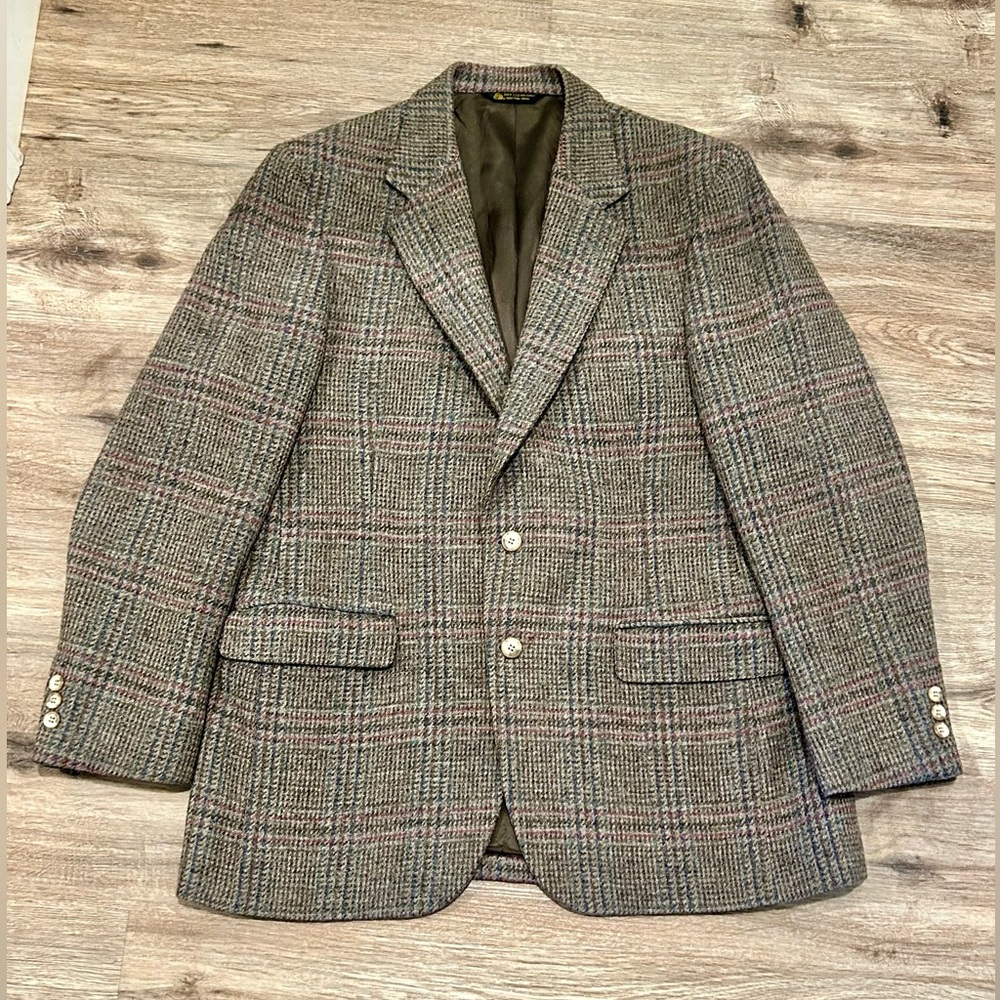 Baskin Men's Glen Plaid Sport Coat 100% Wool Gray Pink Windowpane Jacket Vintage
